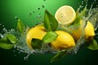 Water splashing on Green lemon fruit isolated on Green background,ai generated