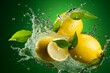 Fresh lemons with water splashes on green background,ai generated