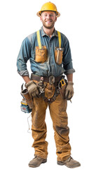 Full body photo of a smiling white male construction worker, isolated on white