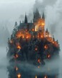 A medieval castle surrounded by gloom and mist, enhancing its haunted appearance