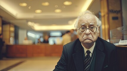 Pensive elderly gentleman with a solemn expression in a business suit indoors