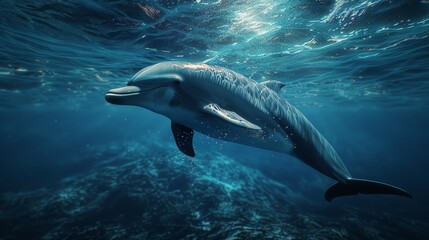 Wall Mural - Graceful bottlenose dolphin swimming underwater with light rays filtering through