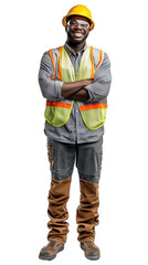 Wall Mural - Full body photo of a smiling black male construction worker, isolated on white