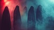 Mysterious hooded figures in atmospheric fog with red and blue lights