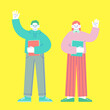 ©  Mercer - ファイルを抱えたメガネの男性と女性が手をあげて挨拶しているイラスト　白い背景に分離されたフラットなRGBのベクター素材