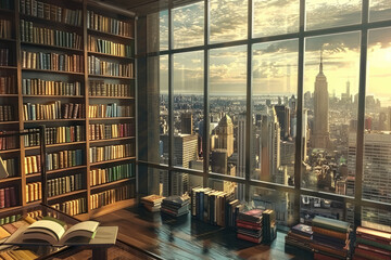 
library with city view