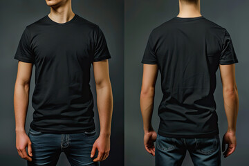 Canvas Print - The man wore a plain black sports t-shirt. mockup t-shirt front view and back view