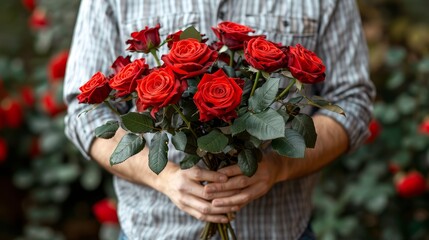 Wall Mural -   A man holds a bouquet of red roses against a backdrop of a red rose bush filled with blooms in a red flower field