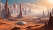 Futuristic marvels on Mars, Conceptual landscape art portraying a sprawling fantasy city amidst the distinct colors of the Martian terrain, hinting at a lost sci-fi civilization.