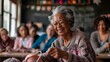 Elderly Woman Leading Knitting Class,Teaching Diverse Students with Joyful Enthusiasm