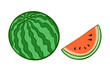 Round appetizing watermelon and cut tasty piece. Sweet fruit dessert. Icon, sticker and food design. Cartoon vector illustration isolated on white background. Hand drawn line