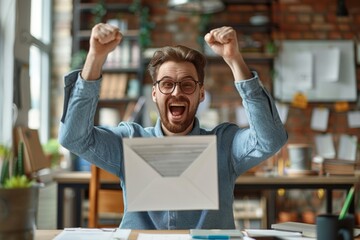 Wall Mural - Portrait of an excited young male employee sitting at his desk in a modern office, holding an envelope with letters and looking happy while fist pumping the air celebrating success or triumph