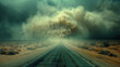 3. Lonely Desert Highway: An empty desert highway stretching into the distance, obscured by sheets of blowing sand and debris carried by a ferocious desert storm, creating an other
