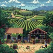 A pixel art vineyard with workers picking grapes and a tasting area.