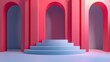 An abstract 3D illustration showcasing a series of arches in red and blue tones with central steps leading to a platform, invoking a sense of progression