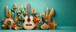 Artistic Mexican desert scene with a classic guitar and paper-crafted cacti, perfect for cultural event flyers and decorations with copy space