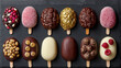   A row of chocolate-covered lollipops aligned on a black surface