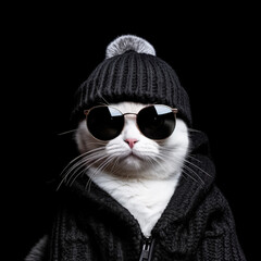 Poster - A white cat sporting sunglasses and a red hat, exuding coolness and a hint of playful charm.