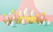 Happy Easter greeting card with eggs and flowers in pastel colors spring holiday celebration card horizontal