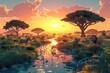low poly vr world for savannah plains environment with native animals like zebras, giraffes, elephants, lions