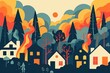 Artistic depiction of houses at the edge of a forest threatened by a raging wildfire, emphasizing nature's unpredictable force.