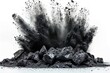 Black chalk pieces and powder flying, explosion effect isolated