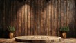 wooden podium for product display with a spot lit textured wooden plank wall and plants in pots