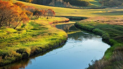  river meandering through rolling hills, reflecting the colors of the surrounding landscape.