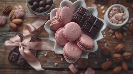 Wall Mural -   A wooden table holds a bowl of pink macaroons, a bowl of almonds, and a bowl of chocolate