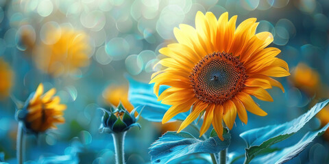 Wall Mural - Field of Vibrant Sunflowers in a Sea of Blue and Yellow Flowers with Gorgeous Bokeh Effect