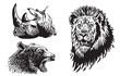 Graphical set of african animals, lion, rhino an bear portrait, vector illustration