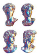 Bust of Michelangelo’s David from different angles in iridescent chrome isolated on transparent background. 3D rendering
