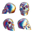Human skull from different angles in iridescent chrome isolated on transparent background. 3D rendering