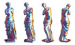 Classical Venus de Milo statue from different angles in iridescent chrome isolated on transparent background. 3D rendering