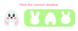 Find the correct shadow. Matching education game for children, kids. Cute kawaii bunny, rabbit face animal