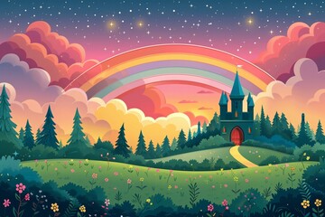 Wall Mural - Cartoon style background with a rainbow, castle, and trees. 