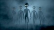 Five scary gray aliens walk and look blinking on a dark smoky background. UFO futuristic concept. 3D RENDER. Not AI.
