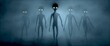 Five scary gray aliens walk and look blinking on a dark smoky background. UFO futuristic concept.3D RENDER. Not AI.