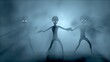 Three scary gray aliens dancing. 
