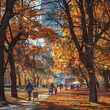 Autumn Day In A Vibrant City Park Filled With People Enjoying The Season