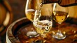 Elegant white wine pouring into glasses from a wooden barrel