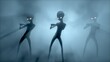 Three scary gray aliens dancing on a dark smoky background. UFO futuristic concept. 3D RENDER. Not AI.