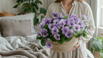 Sticker -   A woman holds a basket of purple flowers before a bed, its white comforter prominent above