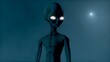 Scary gray alien stands and looks blinking on a dark smoky background. UFO futuristic concept. 3D RENDER. Not AI.