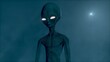 Scary gray alien stands and looks blinking 