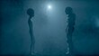 Astronaut meets a grey alien and shakes his hand. First contact. Alien on Moon. Colonization and space exploration concept. Volumetric light.. UFO futuristic concept. 3D RENDER. Not AI.