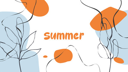 Aufkleber - Summer abstract background with various hand drawn dynamic shapes, black wavy lines and tropical leaves for Summertime creative graphic design. Vector illustration.