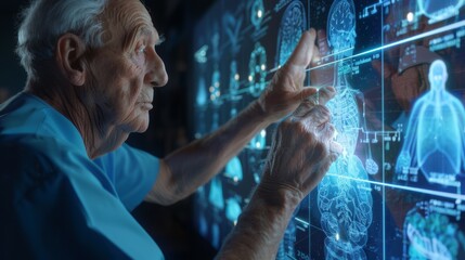 Canvas Print - Elderly Man Using Futuristic Interface