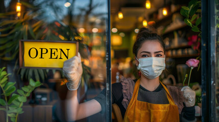 Wall Mural - A woman wearing a mask stands in front of a sign that says 