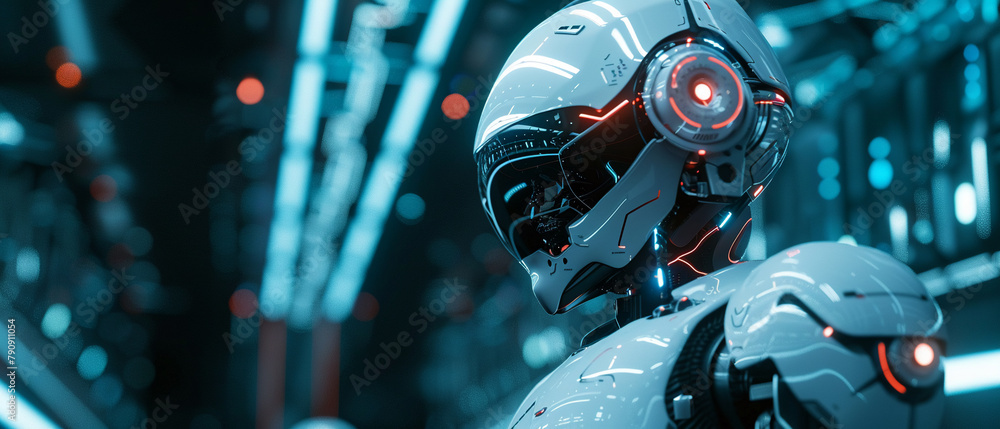 Futuristic droid in a high-tech setting, sleek design with neon accents ...